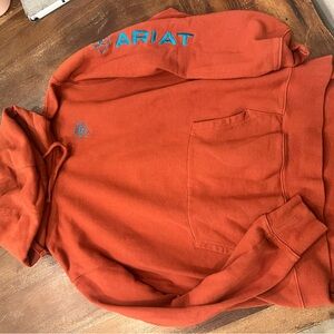 Ariat Rust Orange Pullover Hoodie with Blue Logo Accents